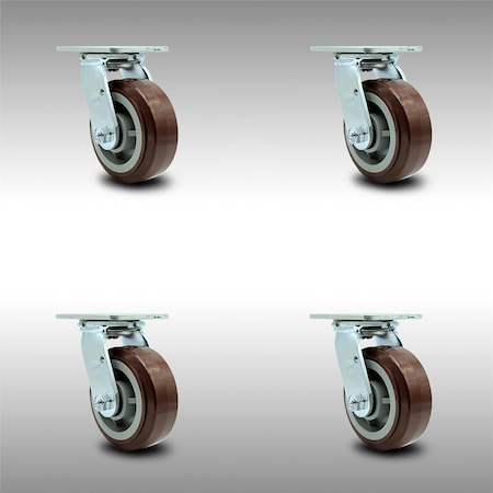 Service Caster 5 Inch SS Polyurethane Swivel Caster Set with Roller Bearing and Swivel Lock SCC SCC-SS30S520-PPUR-BSL-4